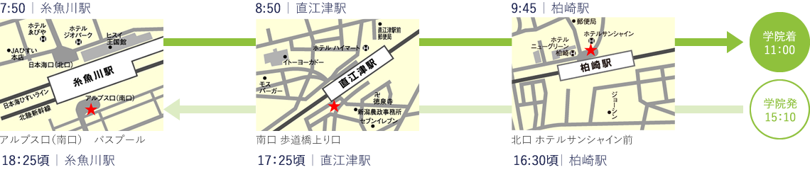 往路:7:50糸魚川駅~8:50直江津駅~9:45柏崎駅~11:00学院着
復路:15:15学院発(アパート経由)~16:30柏崎駅~17:25直江津駅~18:25糸魚川駅着