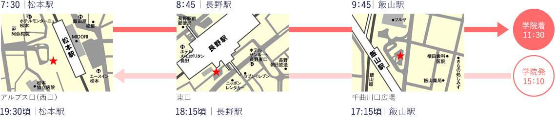 往路：7:30松本駅～8:45長野駅～9:45飯山駅～11:30学院着 復路：15:15学院発(ｱﾊﾟｰﾄ経由)～17:15飯山駅～18:15長野駅～19:30松本駅着